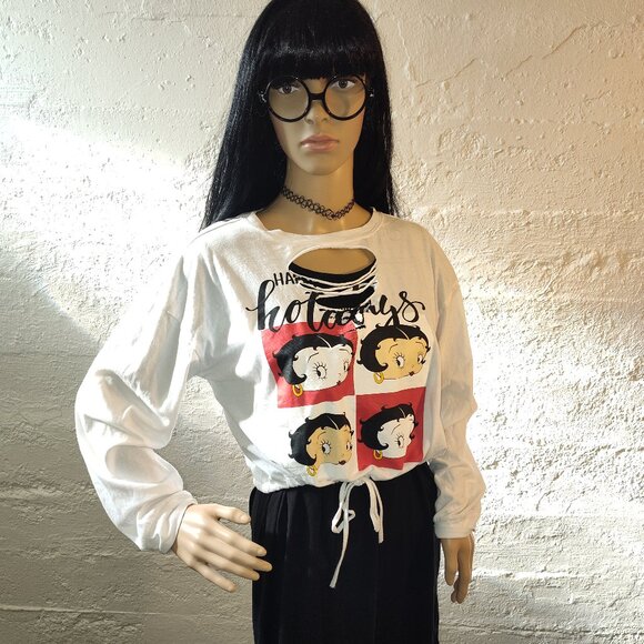Popular Sports Betty Boop Graphic Long Sleeve Distressed Cropped T-Shirt Size L - Picture 1 of 10